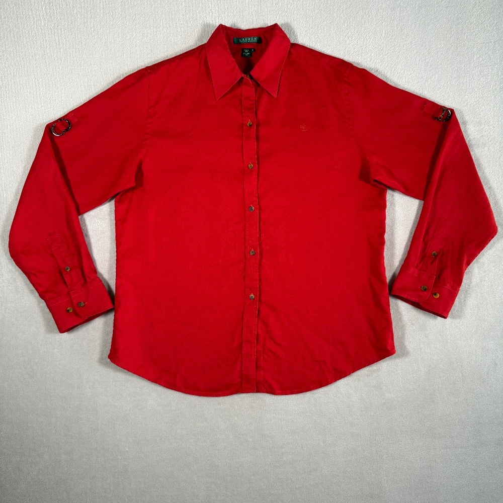 Ralph Lauren Shirt Womens Medium Red 100% Linen Roll Tab Button Up Long Sleeve